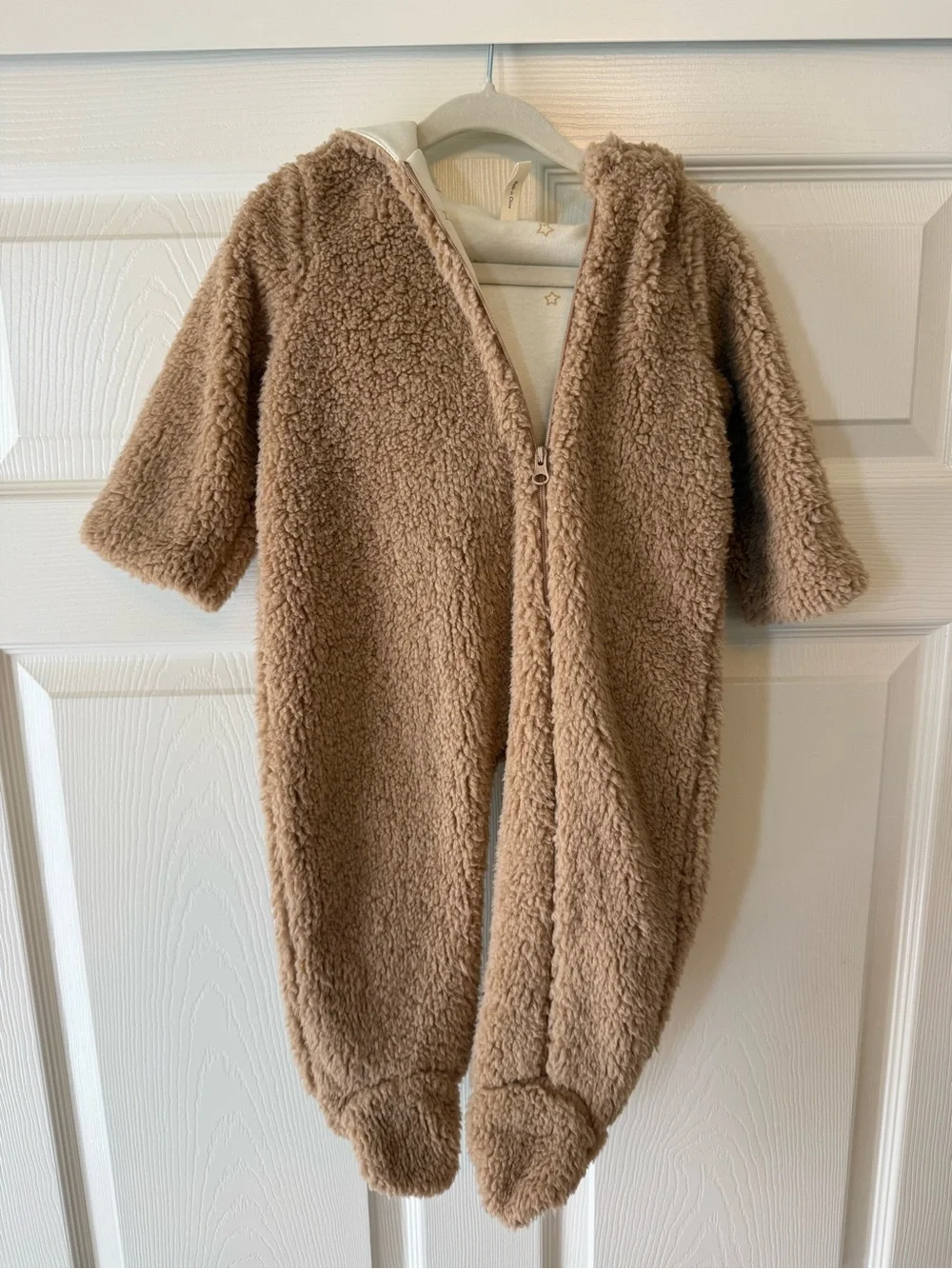 Quincy Mae Beige Fleece Baby One-Piece with Hooded Bear Ears - bear jumpsuit